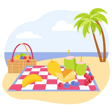 A beach picnic scene featuring a colorful checkered blanket spread out on the golden sand. The blanket has a variety of fruits displayed on it, including ripe yellow mangoes, green coconuts with straws inserted, and an assortment of vibrant red and blue berries. A clear blue sky is visible in the background, with a few fluffy white clouds floating above. There are palm trees swaying gently nearby, completing the tropical beach atmosphere. A wicker basket filled with more fruits and snacks is placed at one corner of the blanket.