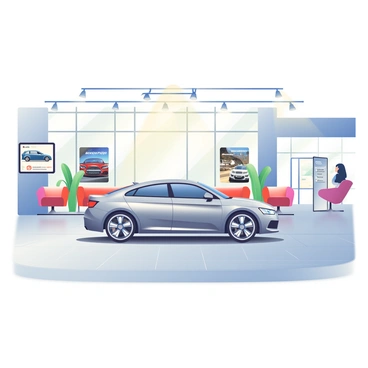 A modern Audi dealership showroom features a sleek, contemporary design with polished concrete floors and glass walls. In the center, a striking new Audi model, painted in a glossy metallic silver, is prominently displayed under a bright spotlight that highlights its aerodynamic curves. Surrounding the vehicle are several posters showcasing the Audi brand and its features. The showroom is filled with soft white and gray tones, enhancing the luxurious atmosphere. To the side, there are stylish seating areas with plush chairs for customers, and an interactive touchscreen display featuring vehicle specifications and options.