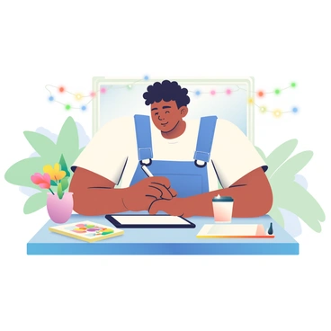 An artist with light brown skin and curly hair is sitting at a bright café table outside. They are focused on creating digital illustrations on an iPad Air, which rests on the table in front of them. The artist is wearing a loose-fitting white t-shirt and denim overalls. A coffee cup sits beside the iPad, and a sketchbook with colorful drawings is partially open on the table. Colorful flowers in a small vase are placed at the center of the table, adding vibrancy to the scene. The background features blurred greenery and decorative lights strung overhead, creating a lively atmosphere.