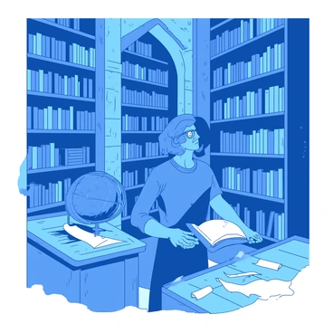 A blue librarian with glasses is standing in a grand room in Minas Tirith, surrounded by towering shelves filled with ancient scrolls and books. The room features intricate stone arches and soft lighting, illuminating the dust particles floating in the air. The librarian is gently holding a large, open book in one hand, while the other hand is reaching for a scroll on a nearby shelf. Roll of parchment and quills are scattered across a wooden table beside the librarian. A decorative globe stands in one corner of the room, adding to the atmosphere of knowledge and history.