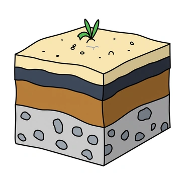 A detailed cross-section of Earth's surface showcasing various sedimentary rock layers. The top layer consists of light-colored sandstone, which is smooth and has fine grains. Below, there is a layer of dark shale that appears soft and flaky. The third layer is made up of a thick band of limestone, featuring faint fossils and a textured surface. At the bottom, there is a layer of concrete-like conglomerate with rounded stones embedded throughout. Each layer is clearly defined, with varying thicknesses, and the overall scene is rich in colors, showcasing earthy browns, grays, and tans. Small plants and roots are visible at the surface, indicating the presence of life above the layers.