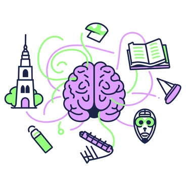 An AI brain is positioned at the center of the image, showcasing intricate details and textures. Colorful wires extend from the brain, intertwining and connecting to various cultural icons surrounding it. On the left, there is an iconic landmark such as a tall tower, representing a specific culture. To the right, a musical instrument can be seen, symbolizing another cultural aspect. Below the brain, a traditional mask from a different culture is placed, while above, there is an ancient book, signifying knowledge and history. The wires are visibly vibrant, creating a dynamic interaction between the AI brain and the diverse cultural elements.