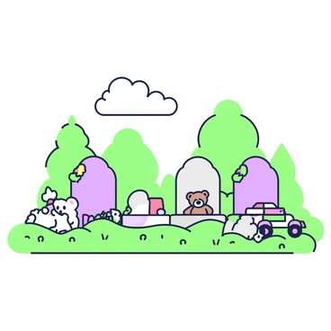 A children's section of a cemetery features several small gravestones arranged neatly in a row. Each gravestone is adorned with colorful decorations, including teddy bears placed gently at the base. Some gravestones have small toys, such as miniature cars and dolls, resting against them. The scene captures a sense of remembrance and love, with soft grass covering the ground. In the background, gentle trees provide shade, adding to the peaceful atmosphere. The sky above is clear, inviting a sense of calm and tranquility.