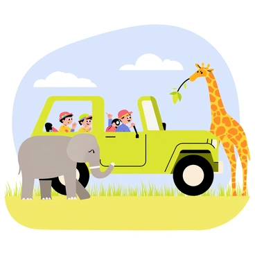 A bright green open-top jeep is driving through a vast savannah landscape. Inside the jeep, there are four kids wearing colorful safari hats, eagerly pointing and looking through binoculars. In front of the jeep, a large elephant with grey skin is standing majestically, while a tall giraffe with a patterned coat is gracefully eating leaves from a nearby tree. The sky above is clear blue, and a few fluffy white clouds are scattered. The grass around the jeep is a vibrant yellow-green, creating a lively safari atmosphere.