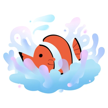 A clownfish with vibrant orange and white stripes is nestled among the tentacles of a sea anemone. The sea anemone has flowing, delicate tentacles that sway gently in the water. The clownfish is positioned prominently in the foreground, showcasing its distinct coloration. Surrounding the clownfish and sea anemone is a gradient of pastel blue and green hues, representing the ocean environment. Small bubbles float in the water, adding a sense of movement to the scene. The background features soft, blurred coral formations, adding depth to the underwater setting.