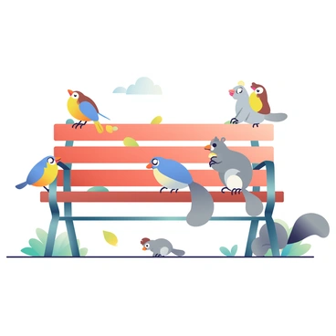 A group of small birds with various colors, including blue, yellow, and brown, are perched on one side of a wooden park bench. On the other side, a few gray squirrels with bushy tails are standing and looking intently at the scattered seeds on the bench. The seeds, a mix of sunflower and birdseed, are spread across the surface. One of the squirrels is reaching for a seed with its front paws, while another is watching the birds closely. A few leaves from nearby trees are scattered around the bench, and a soft sunlight casts gentle shadows on the ground.