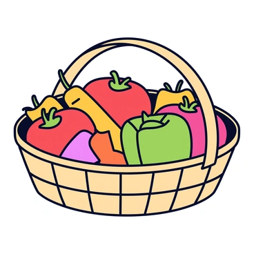 A round wicker basket with a woven texture sits on a flat surface. The basket is filled with a variety of freshly picked vegetables. There are several plump red tomatoes nestled among the other items. Bright orange carrots with green tops are scattered throughout the basket, adding a splash of color. Additionally, vibrantly green and red bell peppers are positioned around the tomatoes and carrots, creating a visually appealing display of fresh produce.