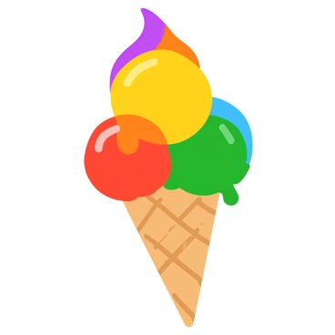 An ice cream cone topped with three large scoops of ice cream. The scoops are arranged in a gradient that reflects the color wheel, transitioning smoothly from red at the bottom to orange, yellow, green, blue, and finally purple at the top. The cone is a light brown, textured with a crisscross pattern, and slightly tilted to the side. A small drip of ice cream is sliding down the side of the cone. The background is a simple light color to emphasize the vibrant colors of the scoops.