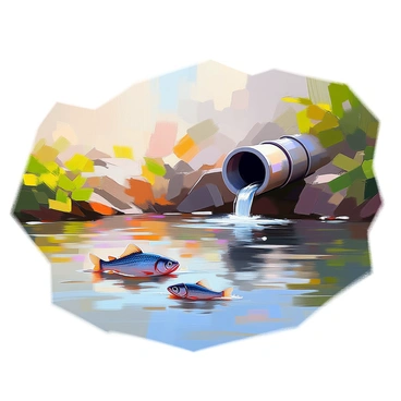 A scene depicting industrial pipes discharging waste into the Ganges River. The pipes are made of metal and are positioned prominently on the riverbank, with dark, murky liquid flowing from them into the water. Nearby, several fish are swimming in the river, their fins and tails visible just beneath the surface. The Ganges is portrayed with gentle ripples and a varied color palette, reflecting the contrasting elements of the scene. Lush greenery lines the riverbank, creating a juxtaposition between nature and industry.