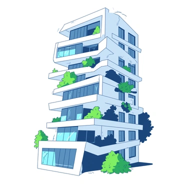 A white modern building stands tall with a unique architectural design that features layered terraces cascading down its facade. Each terrace is adorned with lush green plants, creating a striking contrast. The windows are large and framed in a sleek black, reflecting the sunlight and providing a panoramic view of the surroundings. The building's structure has angular lines that emphasize its contemporary style, while the terraces create a sense of depth and dimension in the overall design.