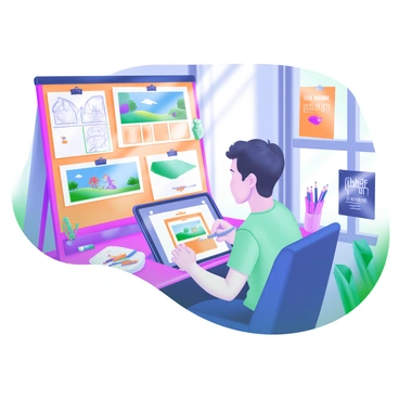 A digital artist is sitting at a contemporary workspace, focused on drafting a storyboard for an animated short film. The artist is using a tablet with a stylus, drawing various scenes that depict a whimsical landscape and colorful characters. Around the artist are sketches pinned to a bulletin board, showcasing character designs and scene layouts. Sunlight streams through a nearby window, illuminating the workspace filled with art supplies such as colored pencils, markers, and a sketchbook. The walls are adorned with posters of famous animated films, creating a vibrant and creative atmosphere.