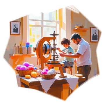 A family business is thriving in a cozy workshop filled with the warm glow of natural light. In the center of the room stands a vintage spinning jenny, its wooden frame polished and well-maintained. A father and his child are working together; the father has dark hair and is focused on guiding the yarn, while the child, with curly hair, eagerly watches and learns. Around them, spools of colorful yarn are neatly arranged on shelves, and baskets filled with raw fibers are visible. The walls are adorned with photographs of past generations engaged in the same craft, showcasing the family's rich heritage in yarn production.