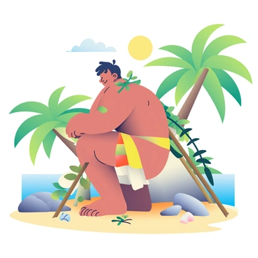 A strong castaway with sun-kissed skin and tousled dark hair is constructing a shelter on a deserted tropical island. He is wearing a simple pair of shorts and appears focused as he gathers palm fronds and branches. In the background, lush green palm trees sway gently in a light breeze, and a bright blue ocean can be seen. Near the castaway, there are large rocks and shells scattered on the sand, and the sun is shining brightly in a clear sky. The castaway's muscles are defined, showcasing his strength as he works diligently on his makeshift shelter.