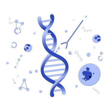 A detailed illustration of the transcription process where DNA is being transcribed into rRNA. In the center, there is a double-helix structure representing DNA, with the strands slightly separated to indicate active transcription. A large RNA polymerase enzyme is positioned at the junction of the DNA strands, synthesizing a single strand of rRNA. The growing rRNA strand is depicted as a linear chain emerging from the enzyme. Nearby, nucleotides are floating in the vicinity, indicating the building blocks being used for the transcription process. Various cellular components, such as ribosomes and nucleolus, are visible in the background to contextualize the environment of the transcription process.