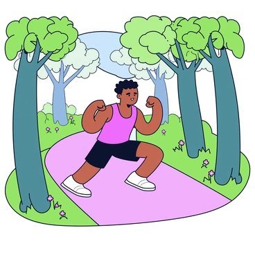 An athlete performing squats on a nature trail. The athlete is wearing a bright red tank top and black shorts. The trail is surrounded by tall green trees with thick trunks and leafy branches. Sunlight filters through the leaves, creating dappled patterns on the ground. The athlete has a determined expression and is focusing on their form while squatting. There are small wildflowers blooming along the side of the trail.