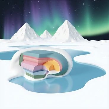 A vast arctic landscape covered in white snow, with a frozen lake reflecting the colorful "northern lights" in the night sky. The sky displays vibrant shades of green, purple, and blue as the lights dance and shimmer above. In the foreground, a cutaway view of "earth's layers" is visible, revealing the crust, mantle, outer core, and inner core, showcasing different colors and textures of each layer. Snow-covered mountains stand in the background, contrasting with the brilliance of the aurora overhead.