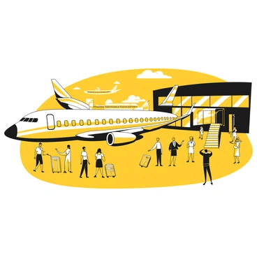 A Boeing 727 is parked at an airport gate, showcasing its distinctive three-engine design. The aircraft features a sleek body and large windows reflecting the sunlight. A group of passengers is boarding the plane, some carrying luggage and others chatting with each other. Airline staff in uniforms are assisting the passengers, directing them towards the entrance of the aircraft. The airport terminal building in the background is bustling with activity, with additional planes and baggage carts nearby.