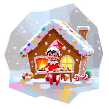 An elf on the shelf sits playfully inside a cozy gingerbread house. The house is adorned with colorful candy decorations, including gumdrops, peppermint sticks, and icing details. The elf has a cheerful expression, wearing a red and white outfit with a matching hat. The interior of the house features a small table with miniature treats, and a warm glow emanates from a tiny fireplace in the corner. Outside the windows, frosty patterns create a whimsical winter scene.