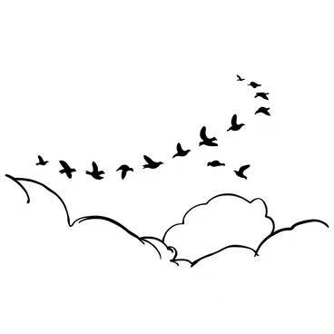 A flock of birds flying in a "V" formation across the sky. The birds are silhouetted against a backdrop of overlapping clouds, suggesting the time of sunset. The scene conveys a sense of movement as the birds are in flight, their wings outstretched. The sky is filled with varied cloud shapes, creating an atmospheric depth.