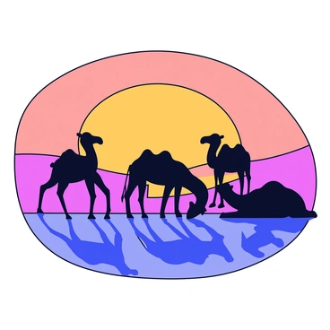 A group of camels standing in silhouette against a bright orange and pink sky. The sun is setting on the horizon, casting long shadows of the camels on the sand. The camels have distinct humps and are positioned in various poses, some resting and others standing tall. The desert landscape features gentle dunes that reflect the warm colors of the sunset. The scene captures the tranquility of the desert evening as the last light fades.