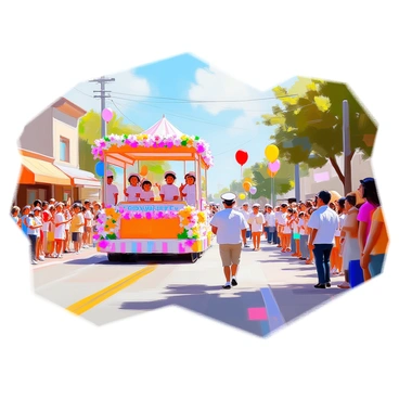 A cheerful small-town parade scene unfolds along a vibrant street filled with colorful floats. One float is decorated with bright flowers and bears the theme "Community Spirit," while another features children in costumes celebrating a local holiday. Musicians in matching outfits march alongside, playing lively tunes on brass instruments and drums. Waving spectators line the sidewalks, with families and friends gathered together, some holding balloons and others taking photos. The atmosphere is lively and filled with excitement as the parade progresses down the street.