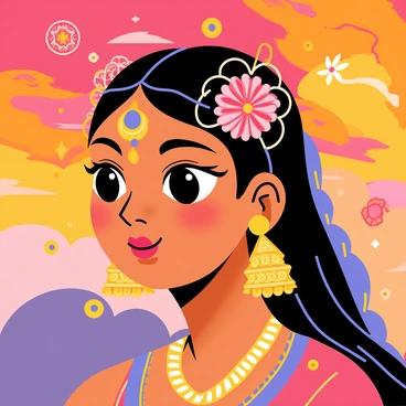 A close-up of "Durga's face" with intricate details, including her expressive eyes and ornate jewelry. The background features a "dramatic sunset sky" filled with vibrant hues of orange, pink, and purple. Soft rays of sunlight illuminate her features, creating a contrast with the colorful sky. Surrounding her face are subtle hints of "flowers and traditional patterns," enhancing the festive atmosphere.