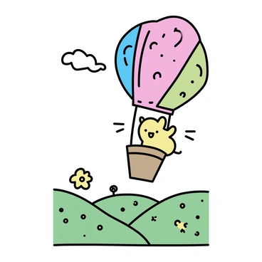 A peep enjoying a ride in a colorful hot air balloon over rolling hills