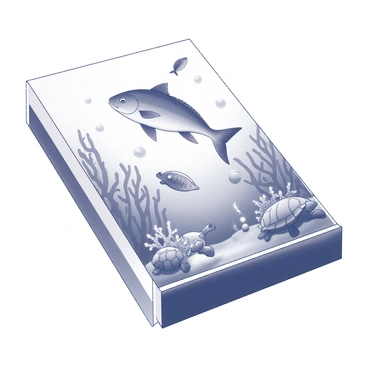 A matchbox displayed upright, featuring a detailed illustration on its exterior. The illustration depicts an underwater world, showcasing various sea creatures. A large, graceful fish swims at the center, surrounded by intricate coral formations. Smaller fish dart around, adding activity to the scene. A sea turtle glides gracefully near the bottom of the illustration, while a starfish rests on a rock. Bubbles rise from the seafloor, creating a sense of movement in the underwater environment. The overall design includes various textures and patterns to mimic the depth and complexity of marine life.
