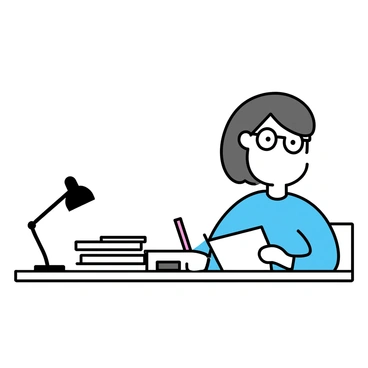 A teacher sitting at a wooden desk, focused on grading papers. The teacher, wearing glasses and a blue shirt, has a stack of assignments piled on the desk. In one hand, the teacher holds a red pen, ready to mark the papers. Nearby, a few more stacks of graded assignments are neatly arranged. A simple lamp provides light to the workspace, casting a soft glow over the papers.