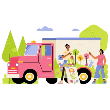 A junk truck is parked in a vibrant public park, featuring a weathered, multi-colored exterior with various textures. An artist stands beside the truck, holding a paintbrush and adding bright strokes of paint to a large mural on the side. The mural depicts whimsical scenes of nature, including flowers, trees, and playful animals. In the background, green grass and tall trees frame the scene, while a few people stroll by, admiring the artwork. A clear blue sky overhead complements the lively atmosphere of creativity and community.