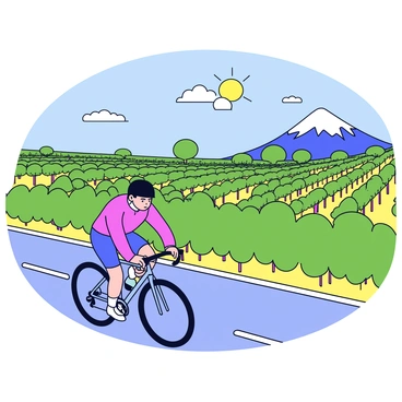 A cyclist wearing a bright red jersey and a black helmet is climbing the steep roads of Mont Ventoux. The cyclist is positioned at an angle, showing determination as they pedal uphill. Surrounding the road are lush green vineyards with row after row of grapevines stretching outwards. The sky above is clear with a few fluffy white clouds, casting soft shadows on the ground. The sun is shining brightly, illuminating the vibrant greens of the vineyards. In the distance, the peak of Mont Ventoux looms, covered in a light dusting of white.