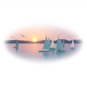 Several blue sailboats are anchored in a calm harbor, their sails gently billowing in the light breeze. The water reflects the vibrant colors of the sunset, with shades of orange, pink, and purple blending together. The harbor is framed by silhouettes of distant hills, while a few seagulls can be seen flying in the sky. The sun is dipping below the horizon, casting a warm glow over the scene, creating a peaceful atmosphere.