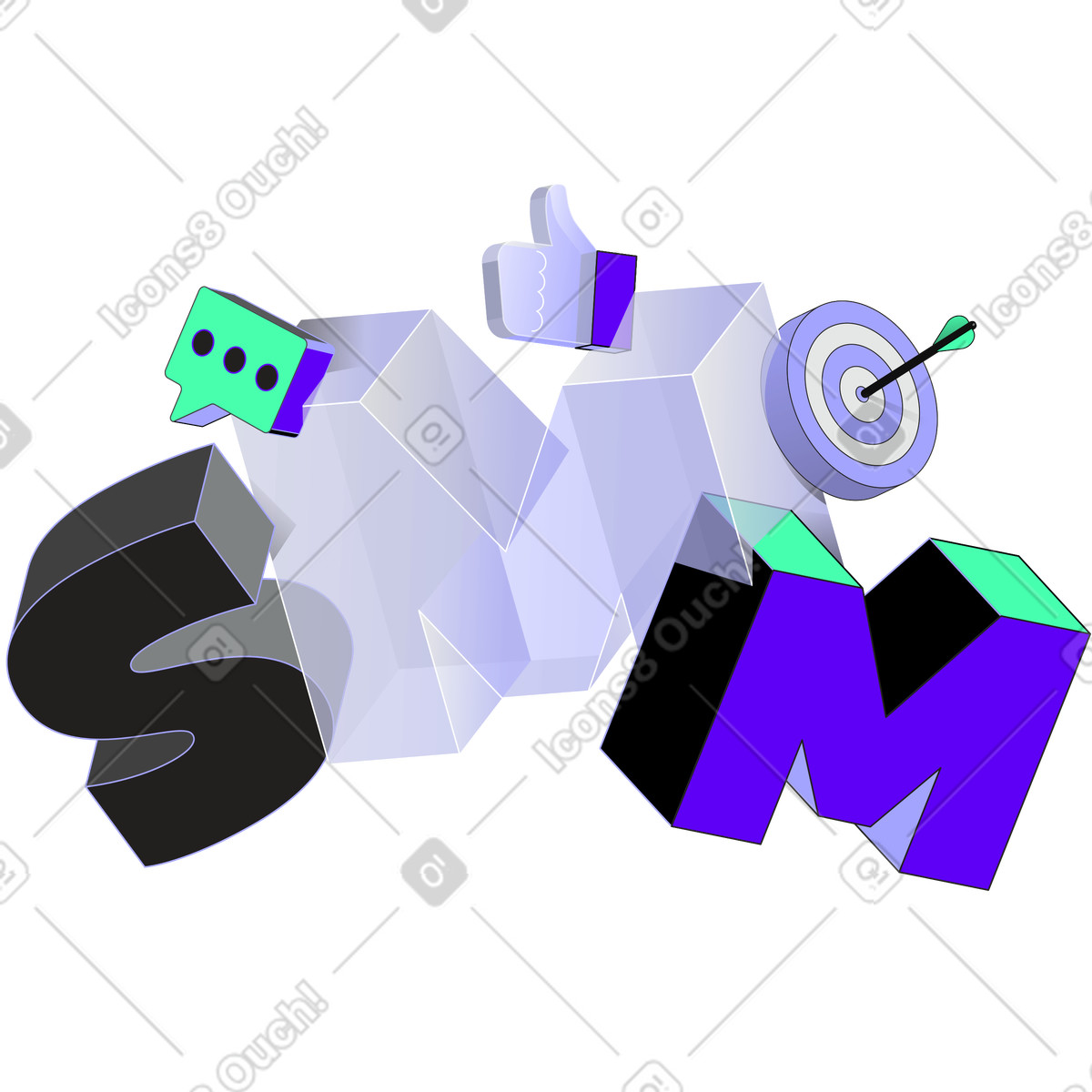 Illustration Lettrage smm avec texte de signes cible, like et commentaire dans le style Incut à télécharger aux formats PNG, SVG
