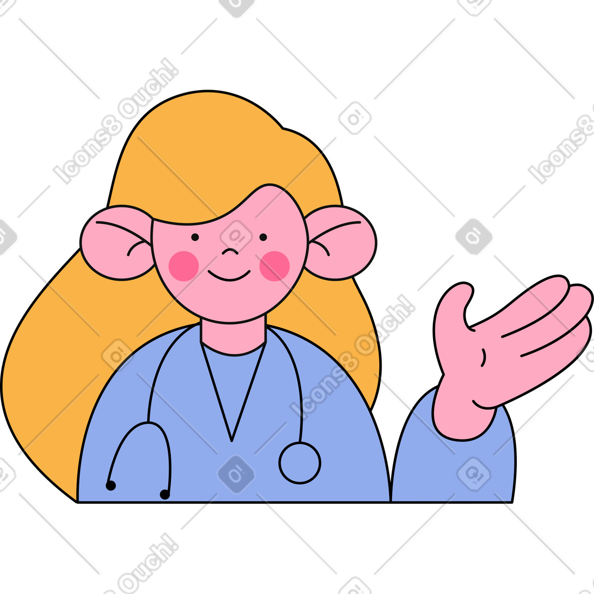 Doctor woman waving hand in greeting illustration Bloom style download PNG, SVG
