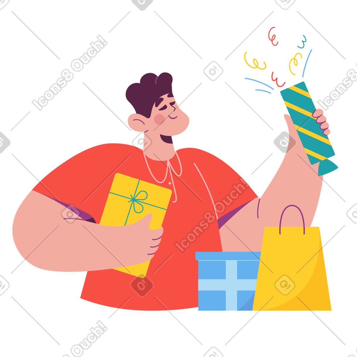Person celebrating with gifts and party popper, holiday or special occasion-Illustration im Sammy-Stil als Download in PNG, SVG