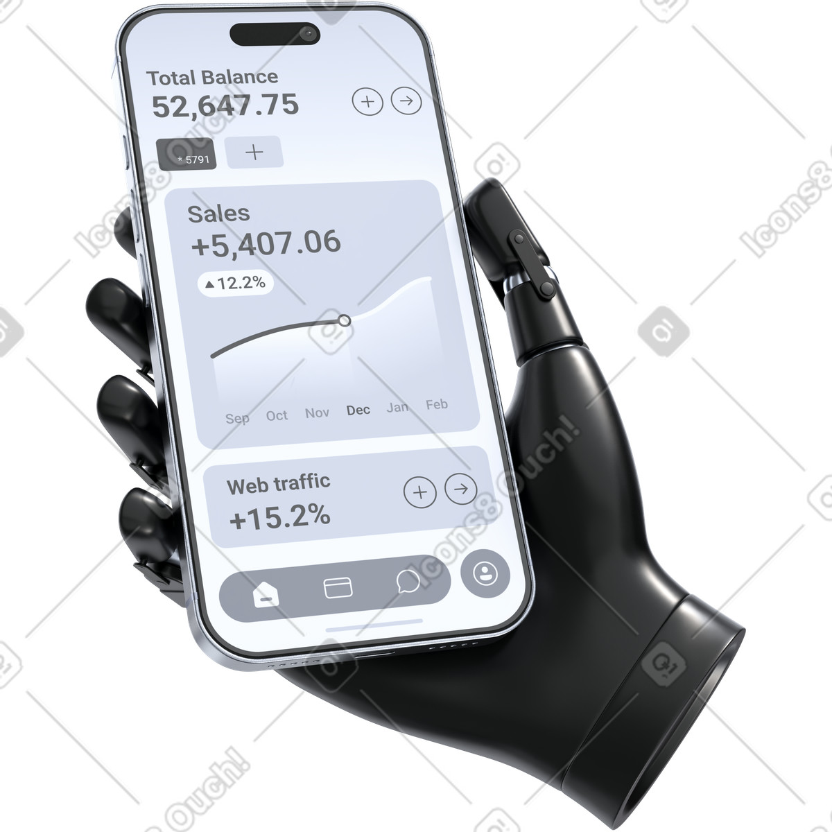 Robotic Hand Holding Smartphone Dashboard, Mobile Analytics Tracking, Fintech Performance Monitoring illustration in 3D Pro style download in PNG, SVG