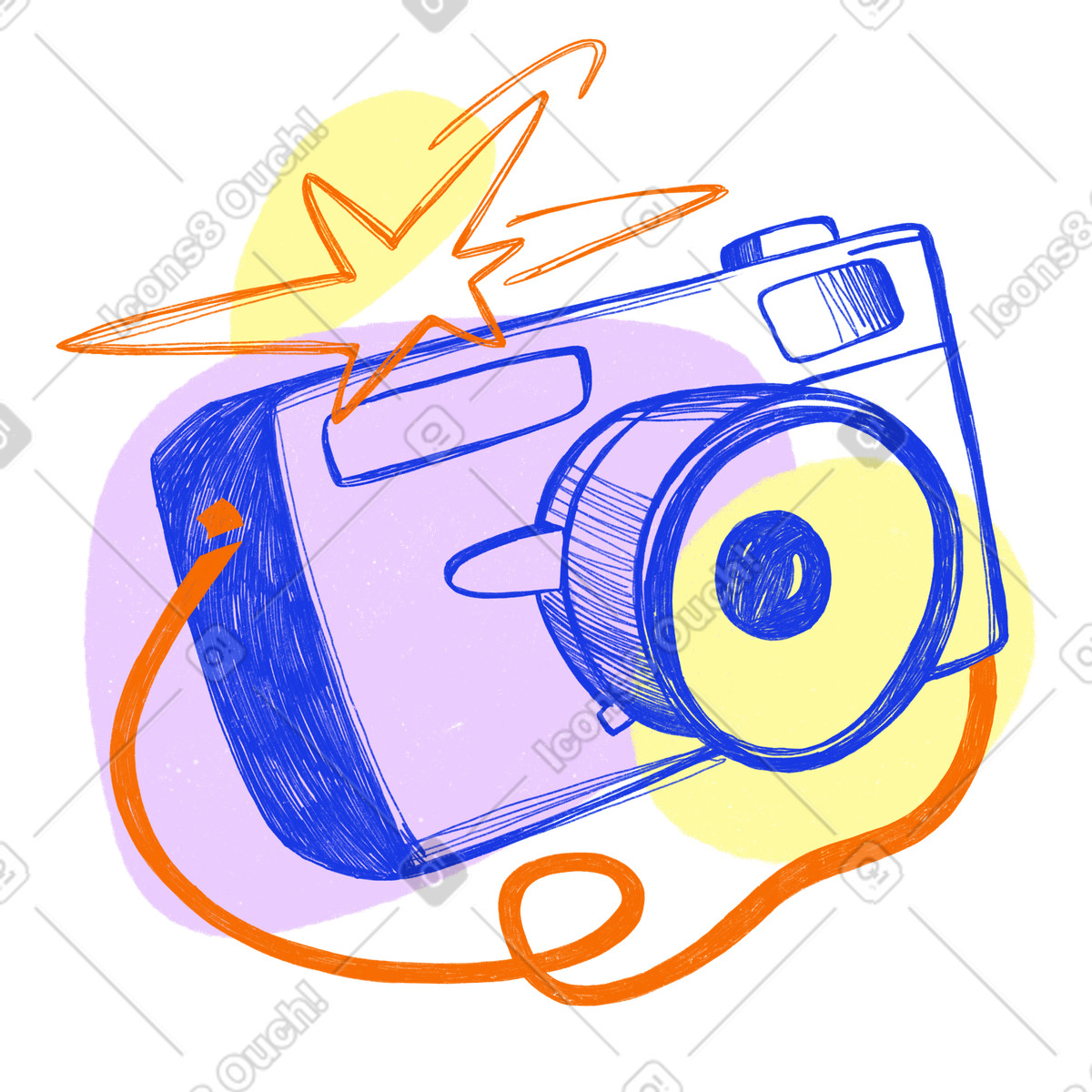 Ilustração de Blue camera with flash on orange strap em no estilo Biro para baixar em PNG, SVG
