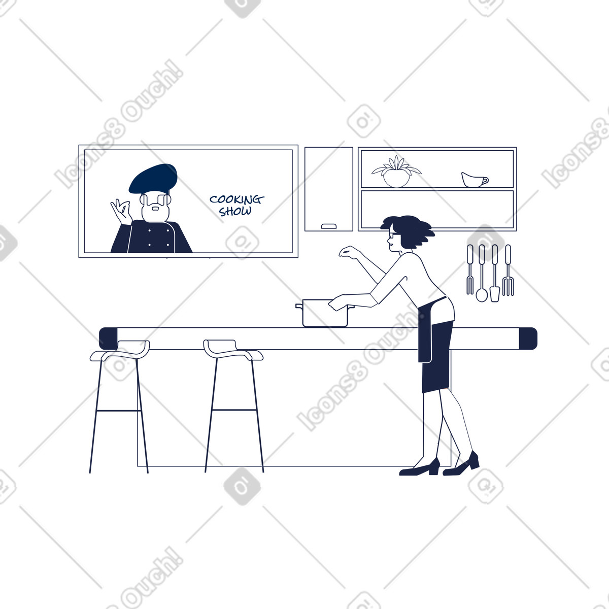 Illustration Watching Cooking show in kitchen dans le style Urban Line à télécharger aux formats PNG, SVG
