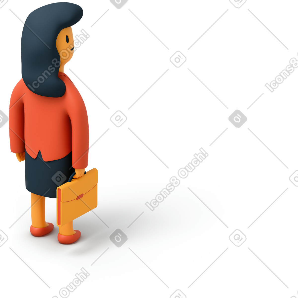 Three quarter back view of a business woman holding briefcase illustration in 3D Flame style download in PNG, SVG
