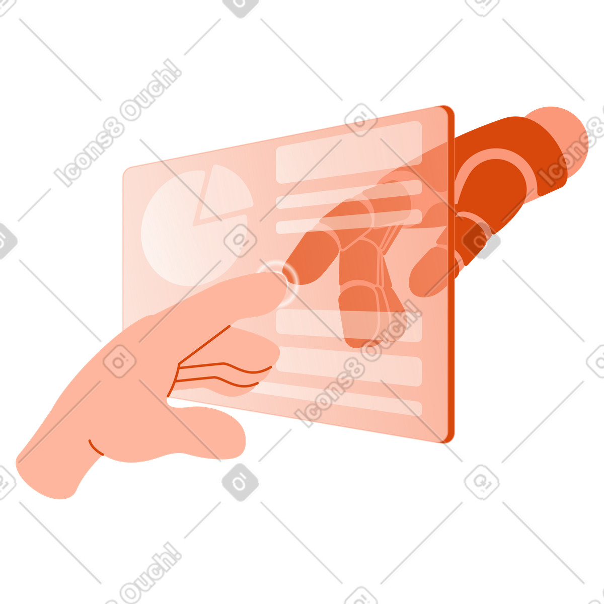 User and artificial intelligence interacting with digital interface, Innovation in AI cooperation illustration Orange style download PNG, SVG