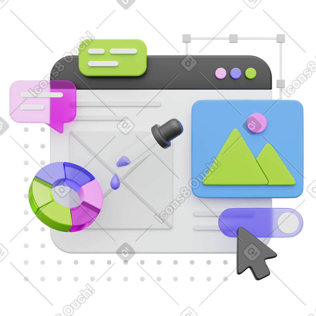 Creative interface design tools with UI UX dashboard illustration in 3D Playful style download in PNG, SVG