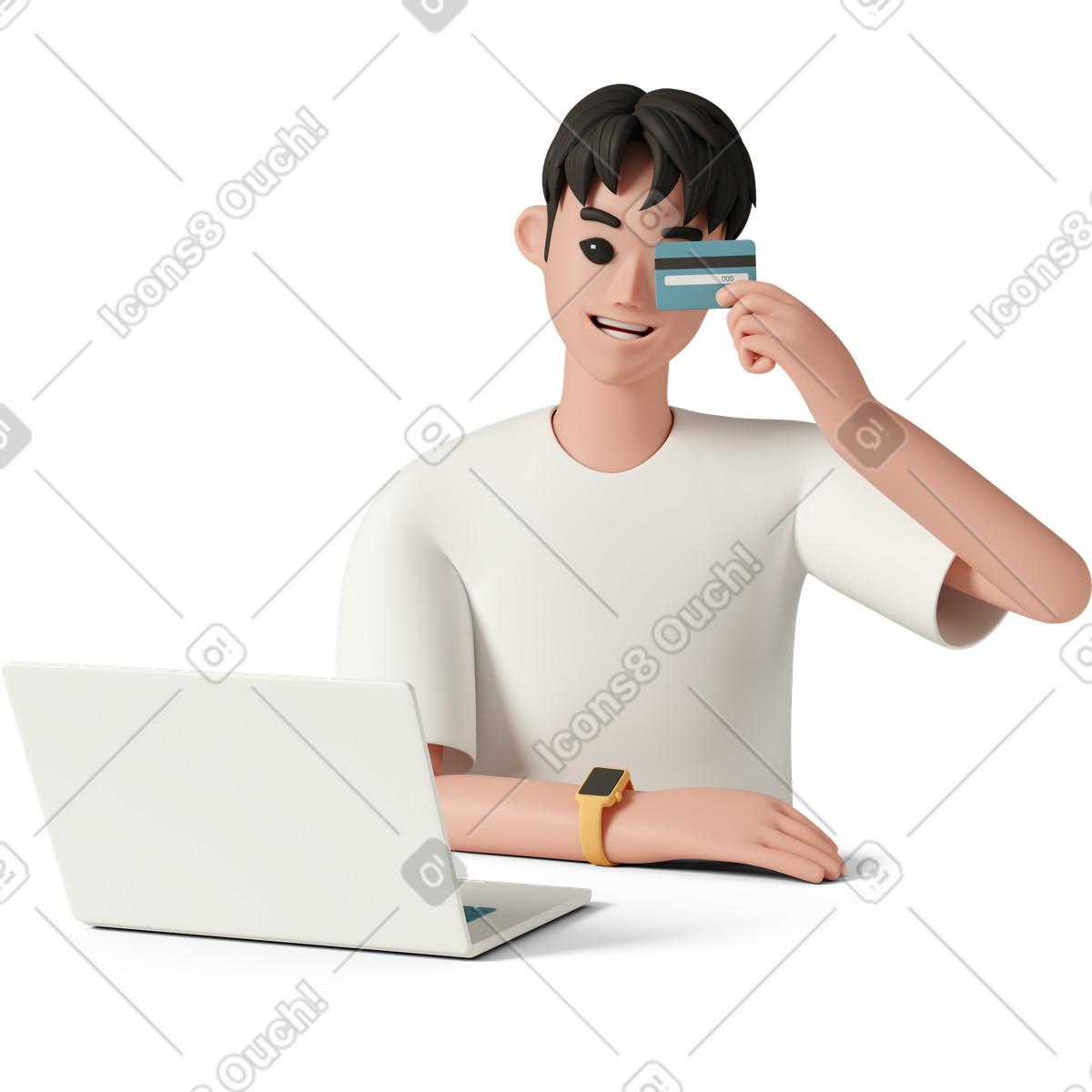 下载 3D Casual life 风格的 Cheerful man holding credit card 插画，支持 PNG、SVG 格式