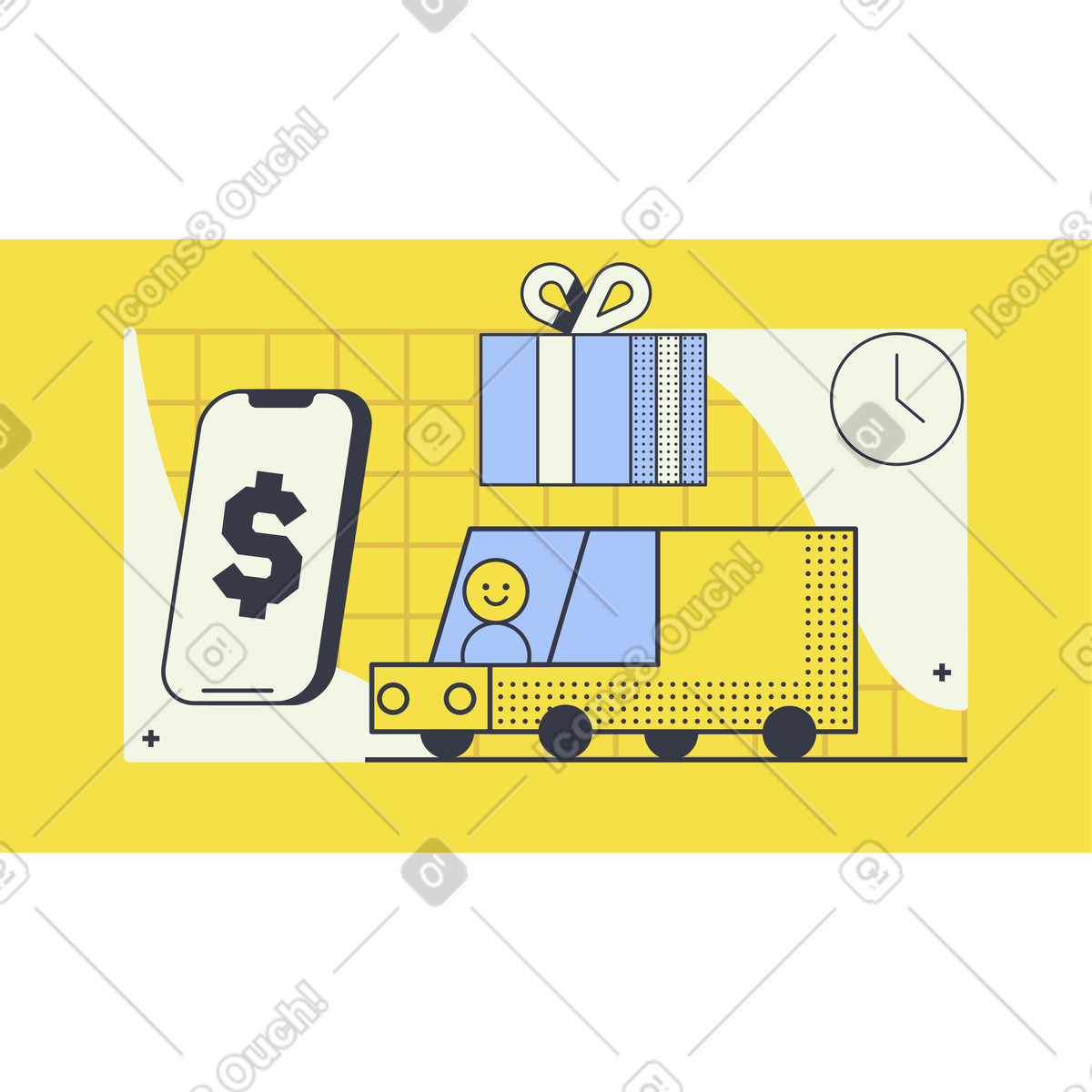 Delivery truck with package and mobile payment, Online order fulfillment illustration in Abstract style download in PNG, SVG