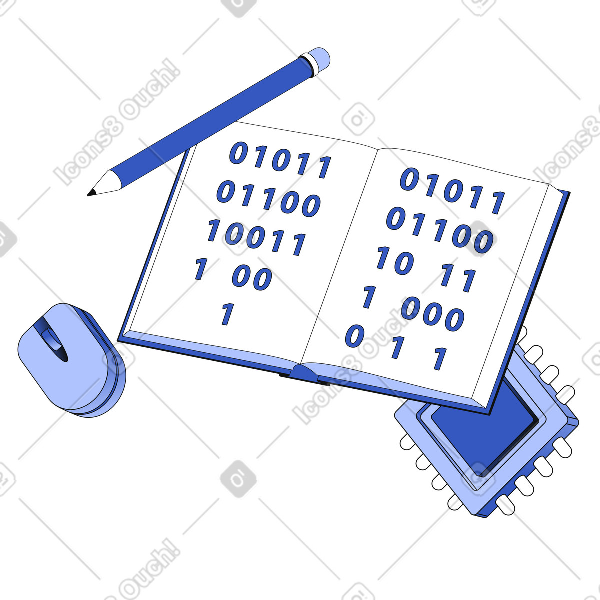 Binary code in book with computer mouse and microchip, AI learning or coding education illustration in PNG, SVG