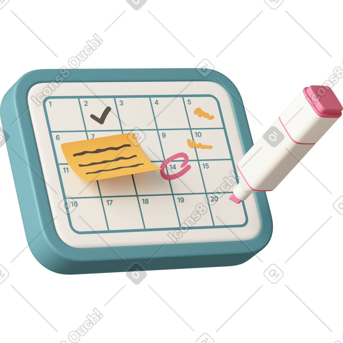 Calendar whiteboard with marker sticky note and important date circled illustrazione in stile 3D Casual life scarica in PNG, SVG