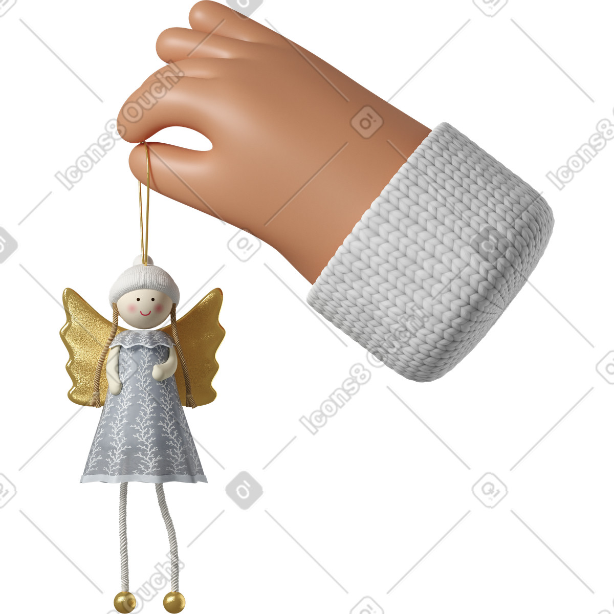 3D Hands Fun&Wild スタイルの クリスマスの天使のおもちゃを持っている日焼けした肌の手 のイラストをPNG、SVG形式でダウンロード