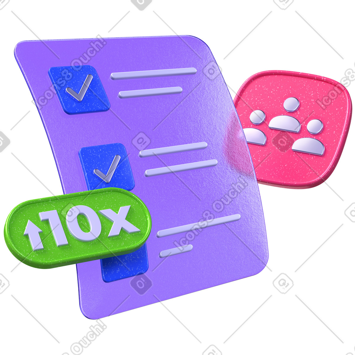 Team collaboration and checklist with 10x boost, project productivity organizational efficiency illustration in 3D Boost style download in PNG, SVG