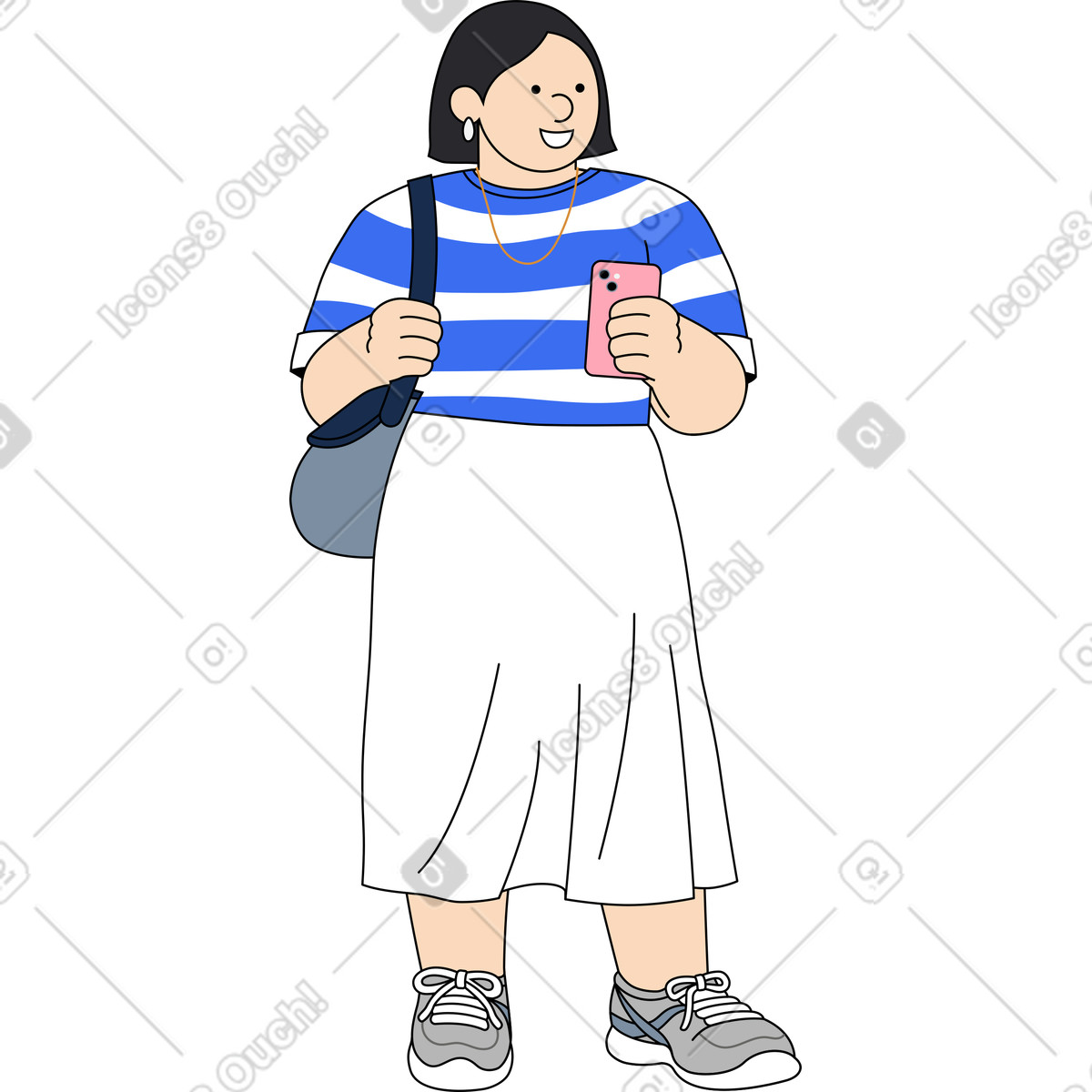 Woman saying something and holds up her phone illustration in Kindy style download in PNG, SVG