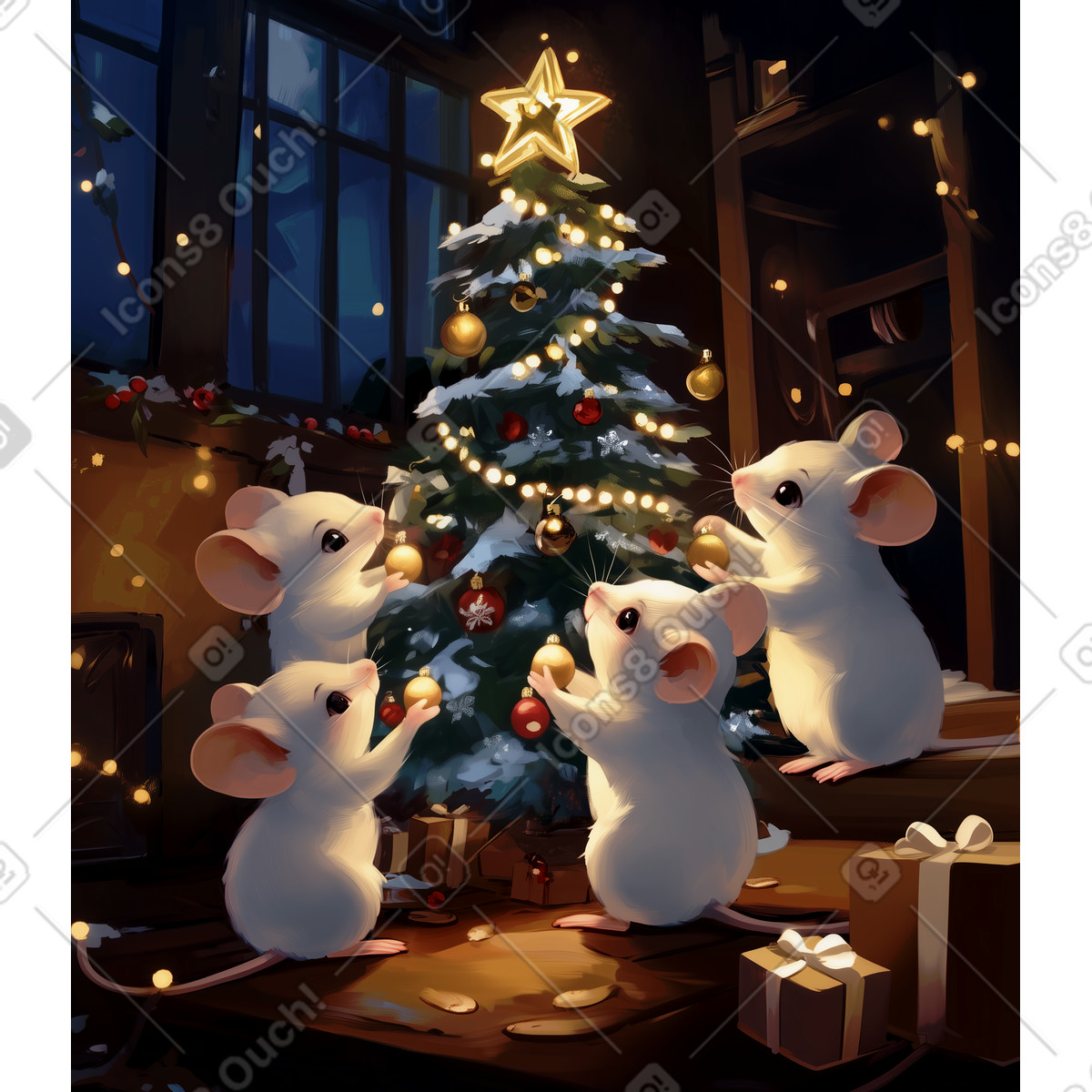 Postcard with mice family decorating Christmas tree illustration in Postcards style download in PNG, SVG