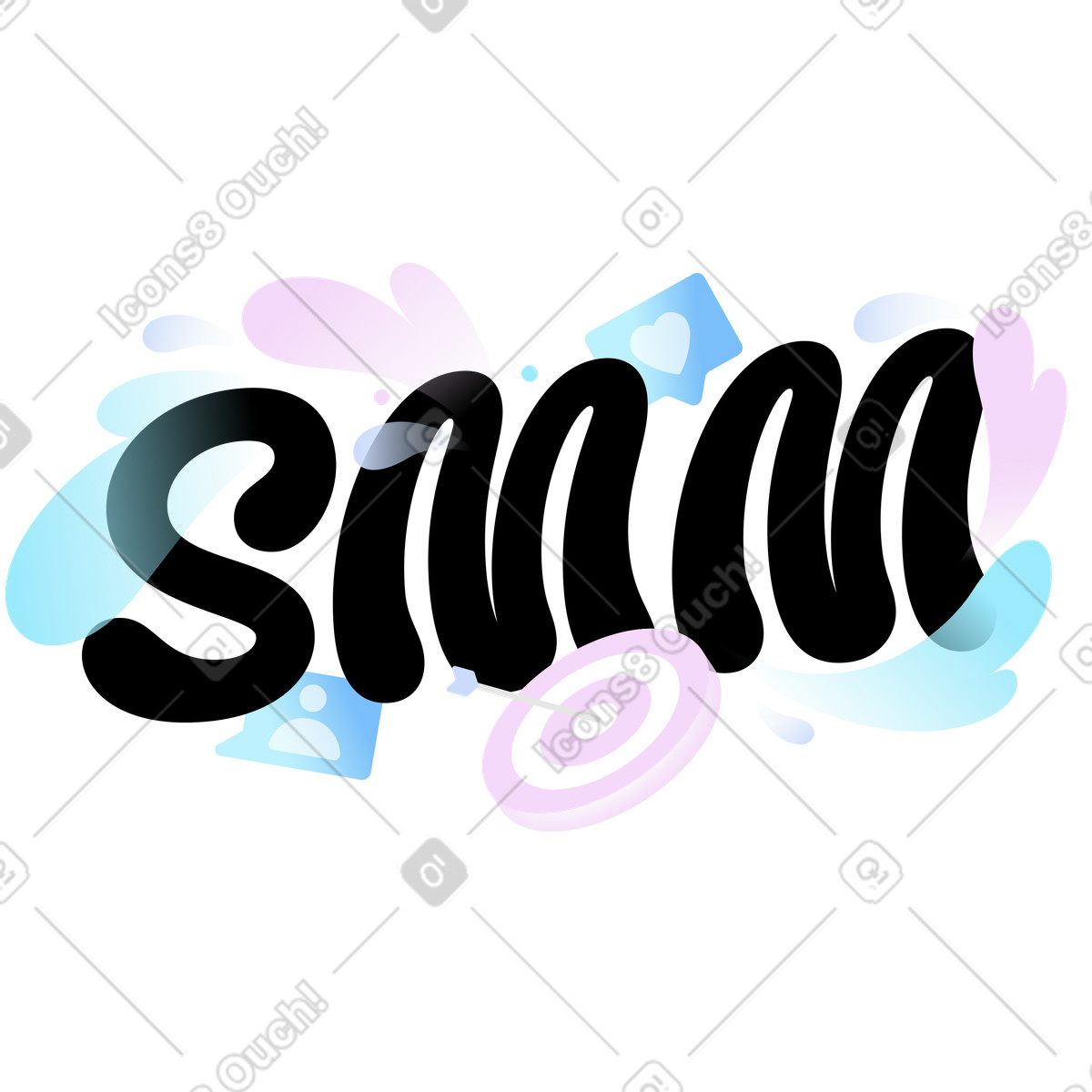 SMM letters with target and social media icons, Digital marketing branding illustrazione in stile Airy scarica in PNG, SVG